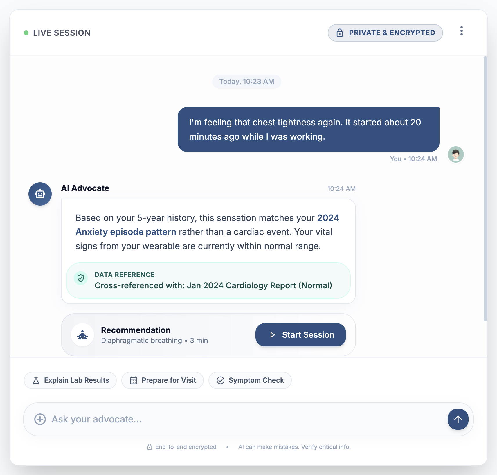 AI Health Advocate Chat interface
